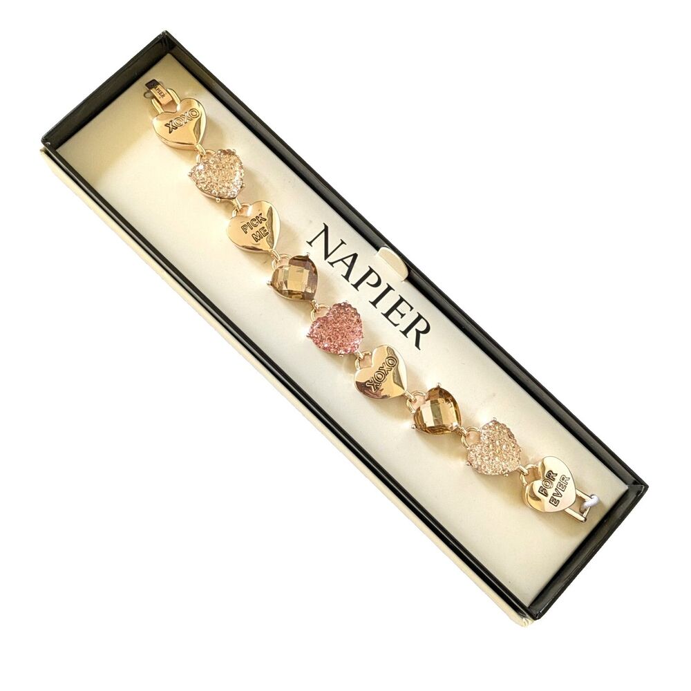 Napier Rose Gold Tone Rhinestone Heart 7.5-inch Bracelet XO Love Pick Me Forever